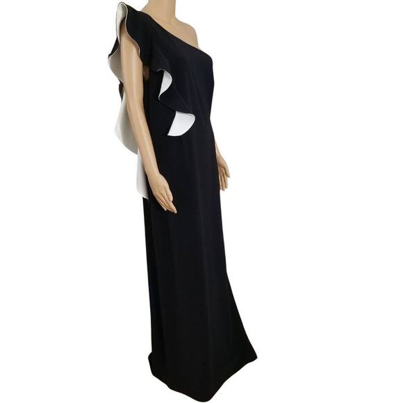 Black Prom Maxi One Sleeve Ruffle Sash High Split Formal Dress Sz Large HALSTON - Picture 1 of 6